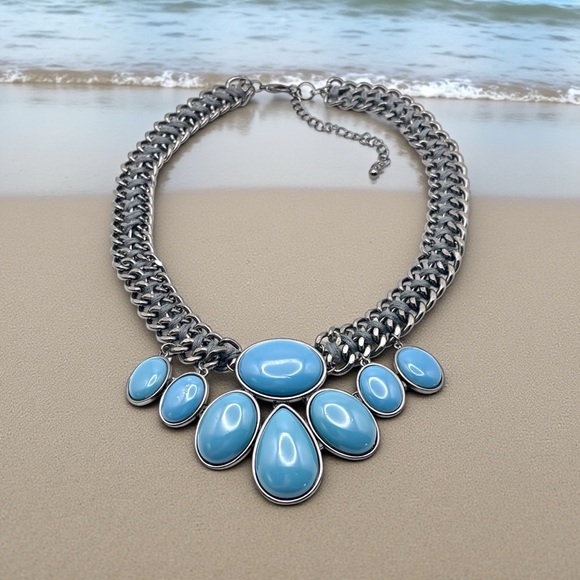 Jewelry - Double Chain Gun Metal Blue Teardrop Cabochon Bib Necklace Fashionable Statement